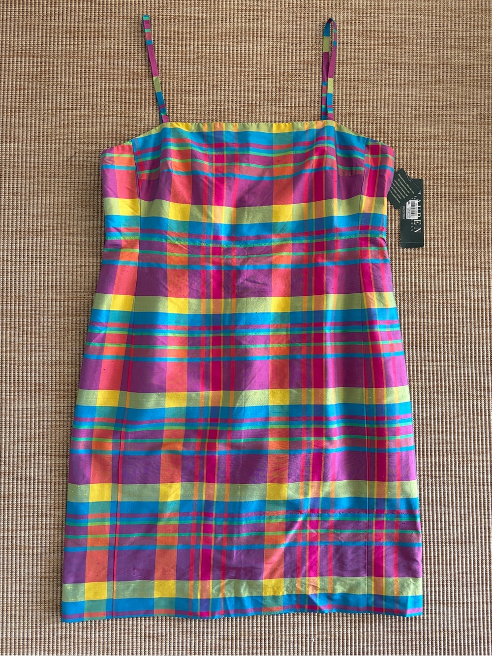NWT Ralph Lauren Silk Taffeta Gingham Plaid Multicolor Rainbow Tank Dress Pink